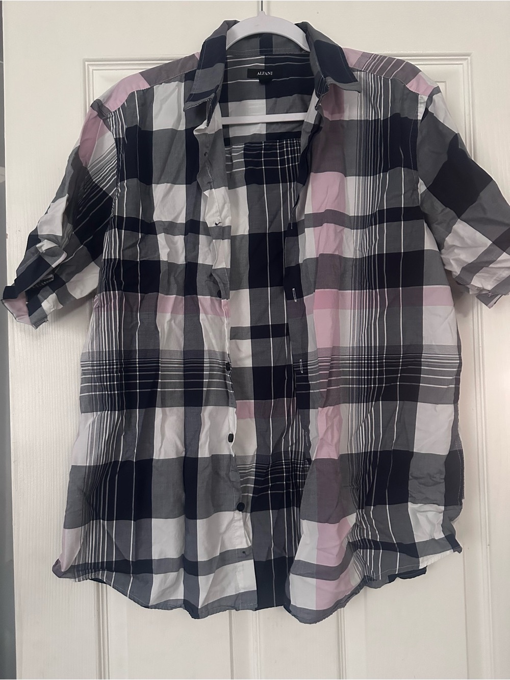Alfani Men's Short-Sleeve Plaid Button-Down Shirt in Black, Gray & Pink